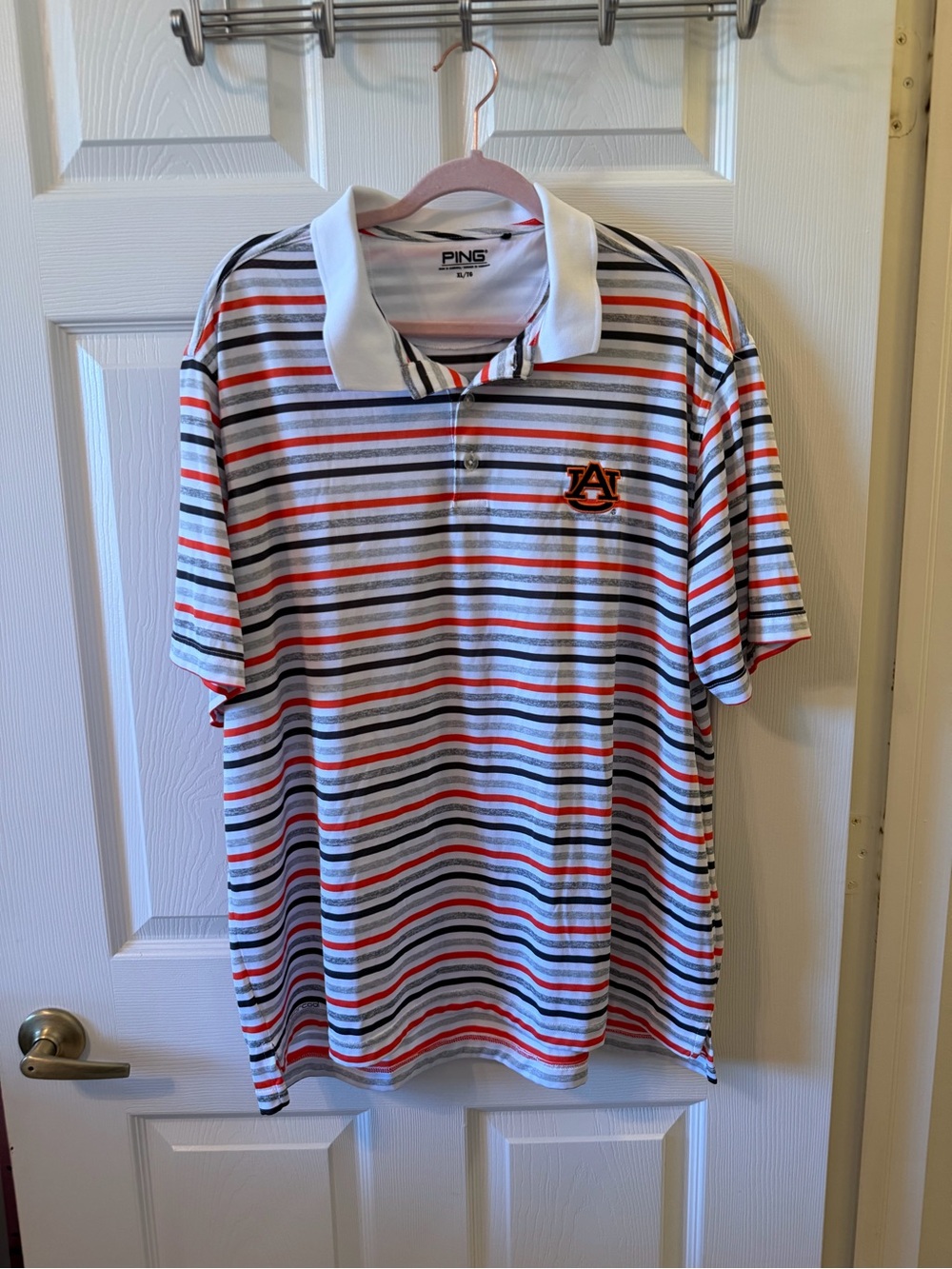 PING Men's Striped Polo in White, Orange & Navy